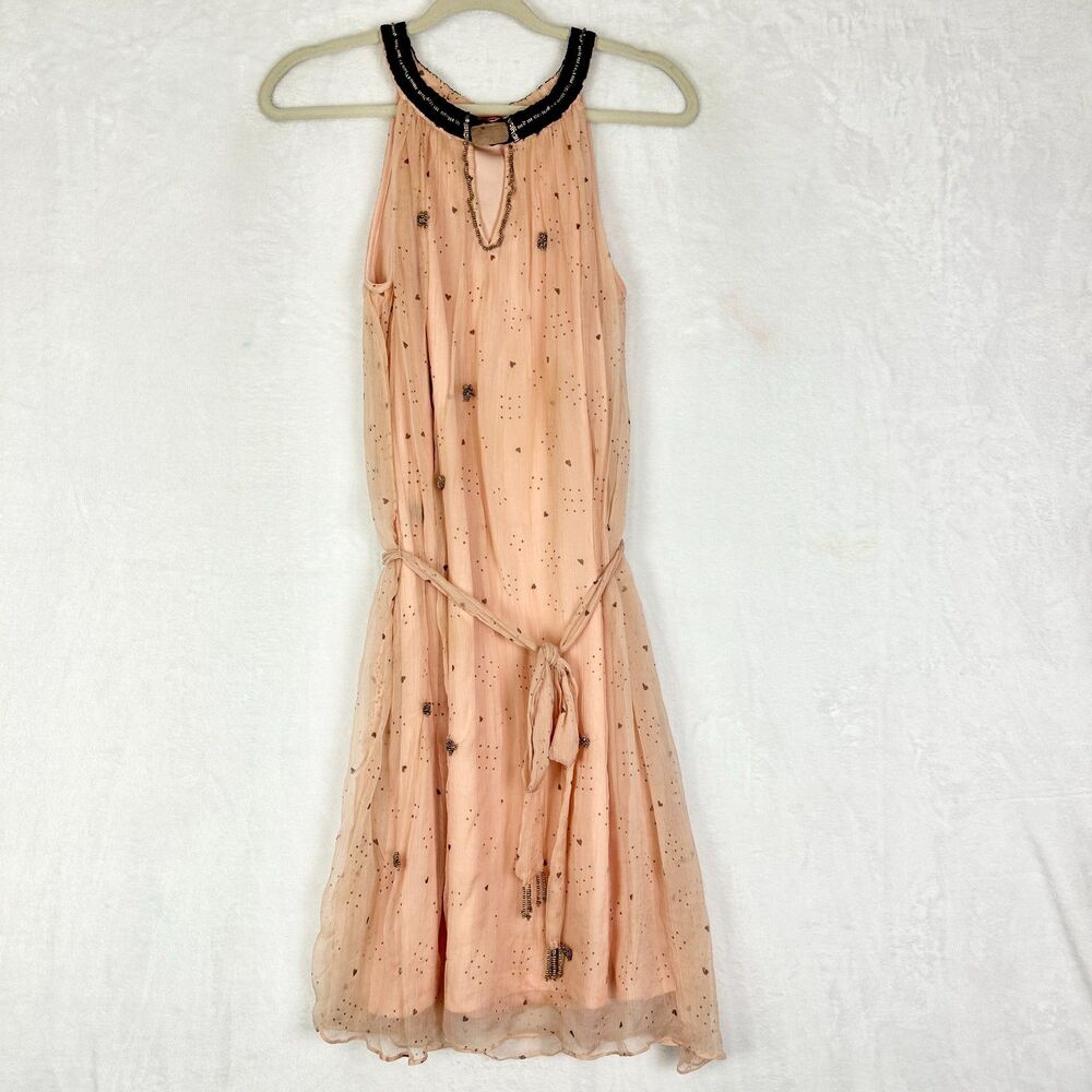 Derhy Belted Beaded Heart Mini Dress Size Medium Boho Fairy Ethereal Lined